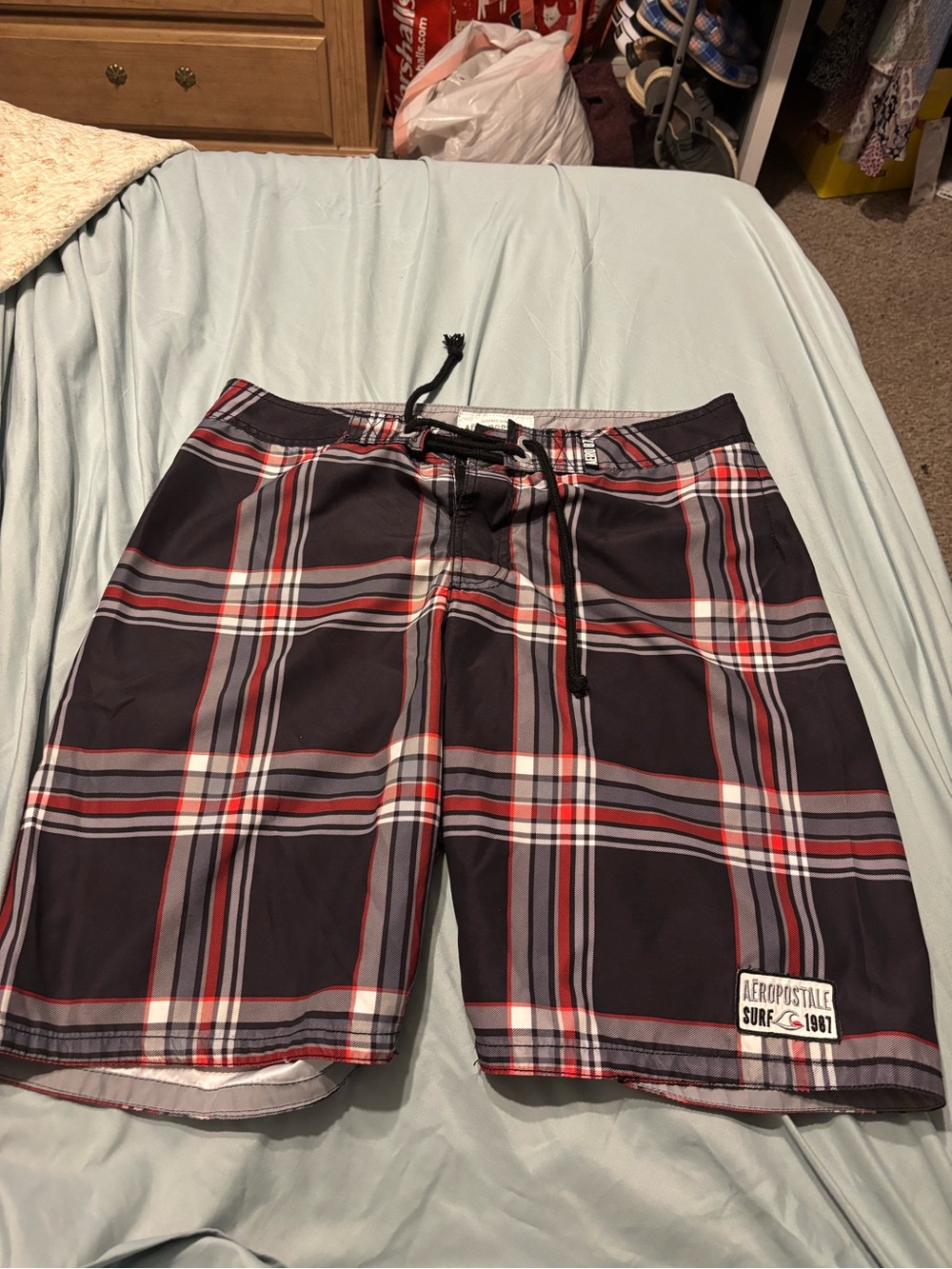 Aeropostale Men’s Black Plaid Swim Board Shorts with Red and Gray Stripes
